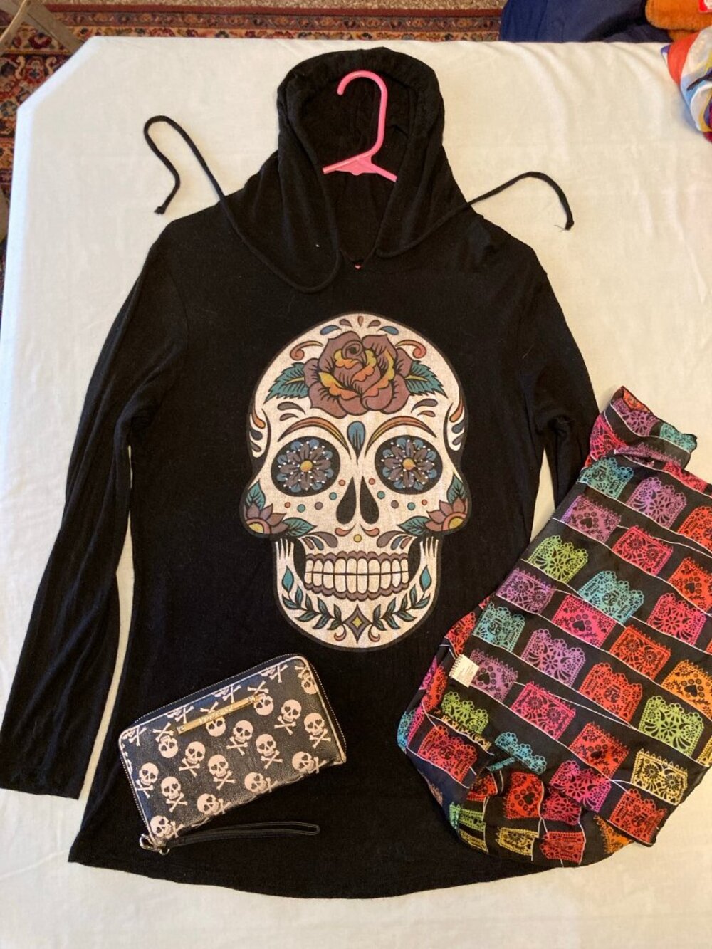 Halloween Bundle Sugar Skull Hoodie Wallet Scarf M
